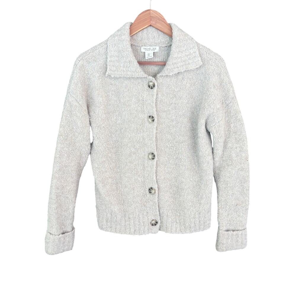 Rachel Zoe Boucle Cardigan Sweater S Beige Button Prep Academia Y2K Fold Collar